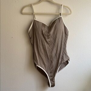 aerie taupe swim suit with white trim